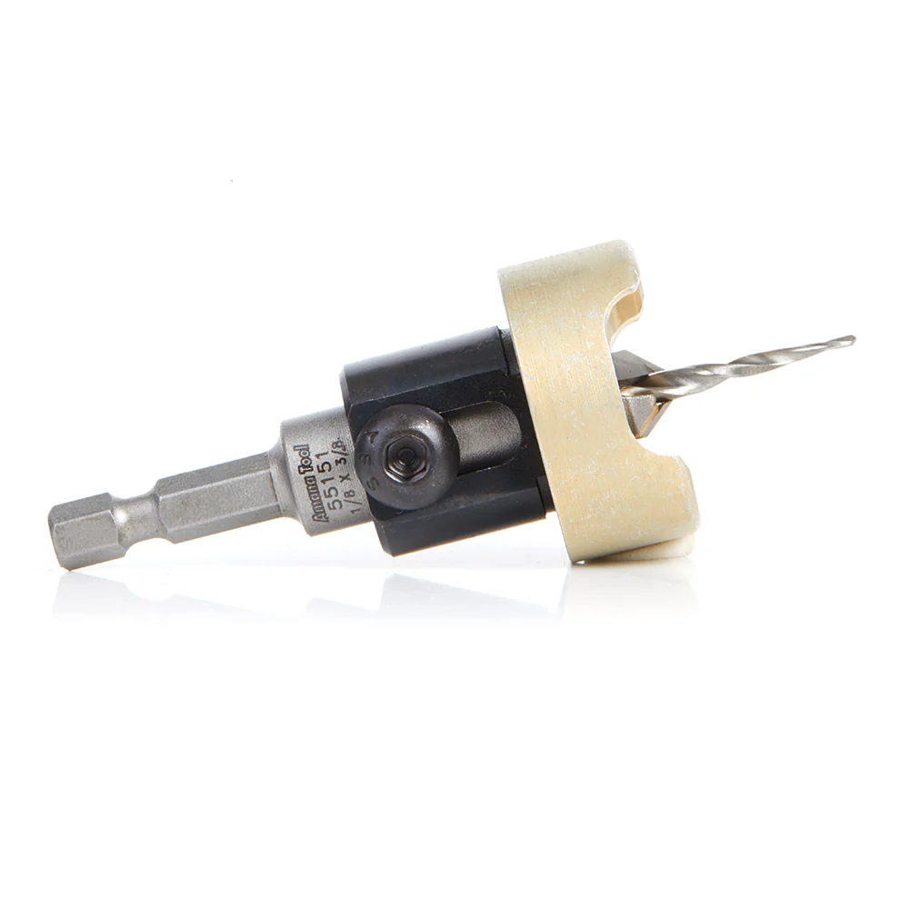 Amana Tool 55151 Carbide Tipped 82 Degree Countersink with Tapered Drill and Adjustable Depth Stop with No-Thrust Ball Bearing, 3/8 Dia x 1/8 Drill Dia x 1/4 Inch Quick Release Hex Shank - Image 2
